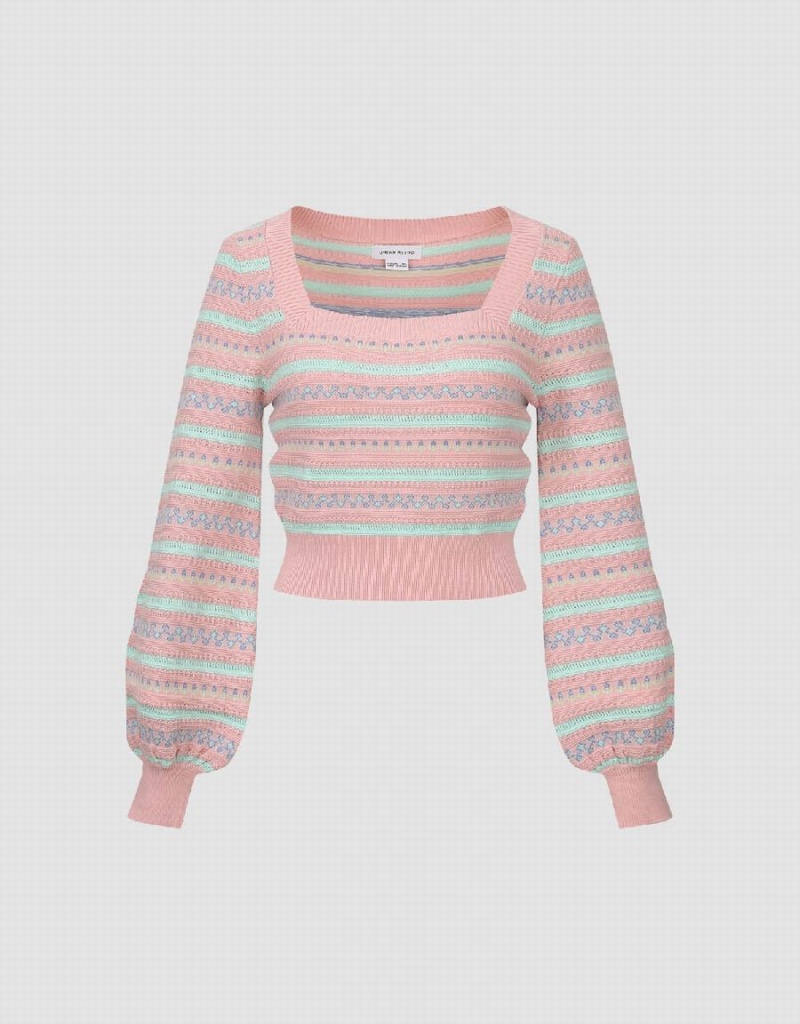 Urban Revivo Puff Sleeve Square-cut Collar Knitted Women's Cardigan Pink | KQX680EU