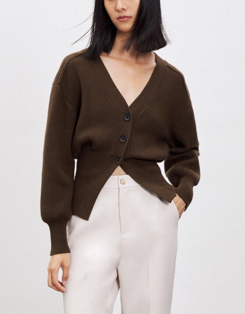 Urban Revivo Puff Sleeve V-Neck Knitted Women's Cardigan Brown | RJA1220ET