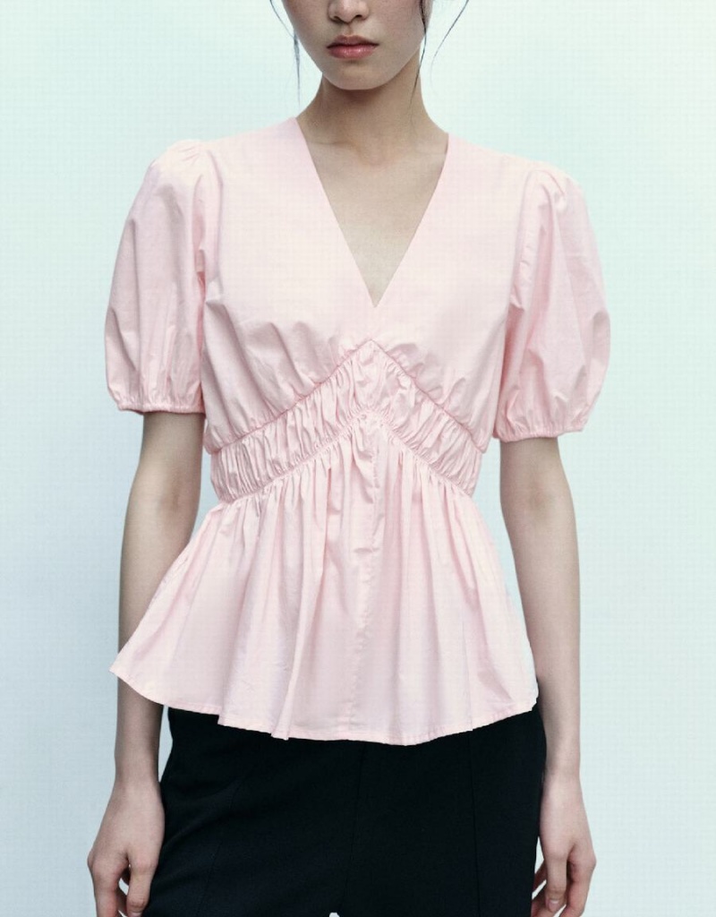 Urban Revivo Puff Sleeve V-Neck Overhead Women's Blouse Pink | SLT3982WJ