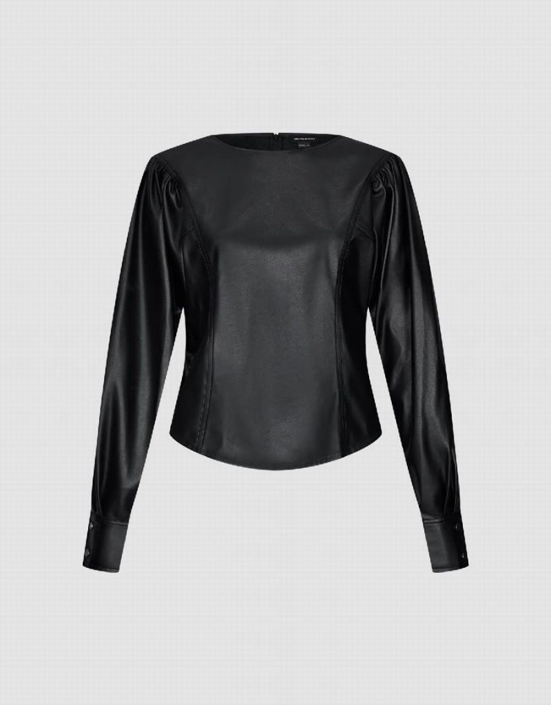 Urban Revivo Puff Sleeve Vegan Leather Overhead Women's Blouse Black | XMP7091HZ