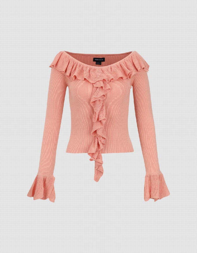 Urban Revivo Raglan Sleeve Ruffle Knitted Women's Cardigan Pink | XKK3069DC