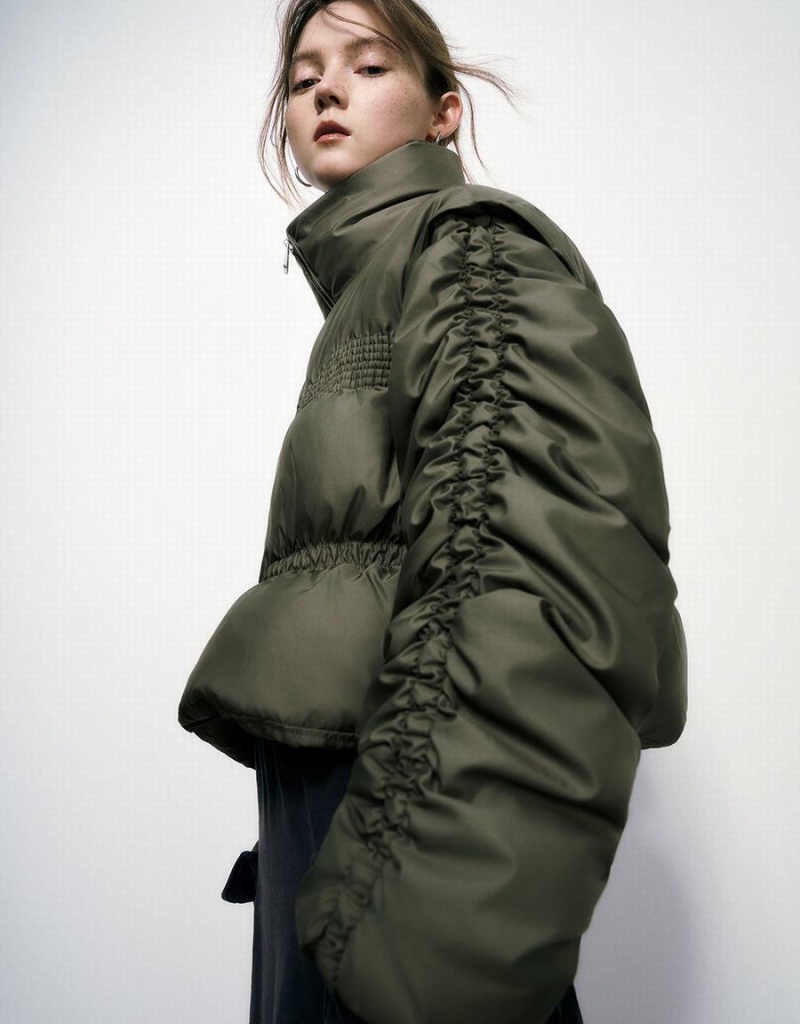 Urban Revivo Raglan Sleeve Stand Collar Women's Puffer Jacket Green | DDT923KR