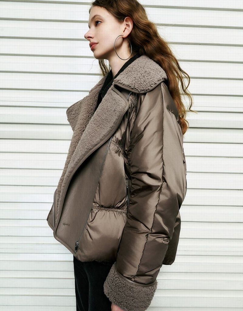 Urban Revivo Raglan Sleeve Vegan Leather Women's Down Jackets Khaki Brown | DPL556VU