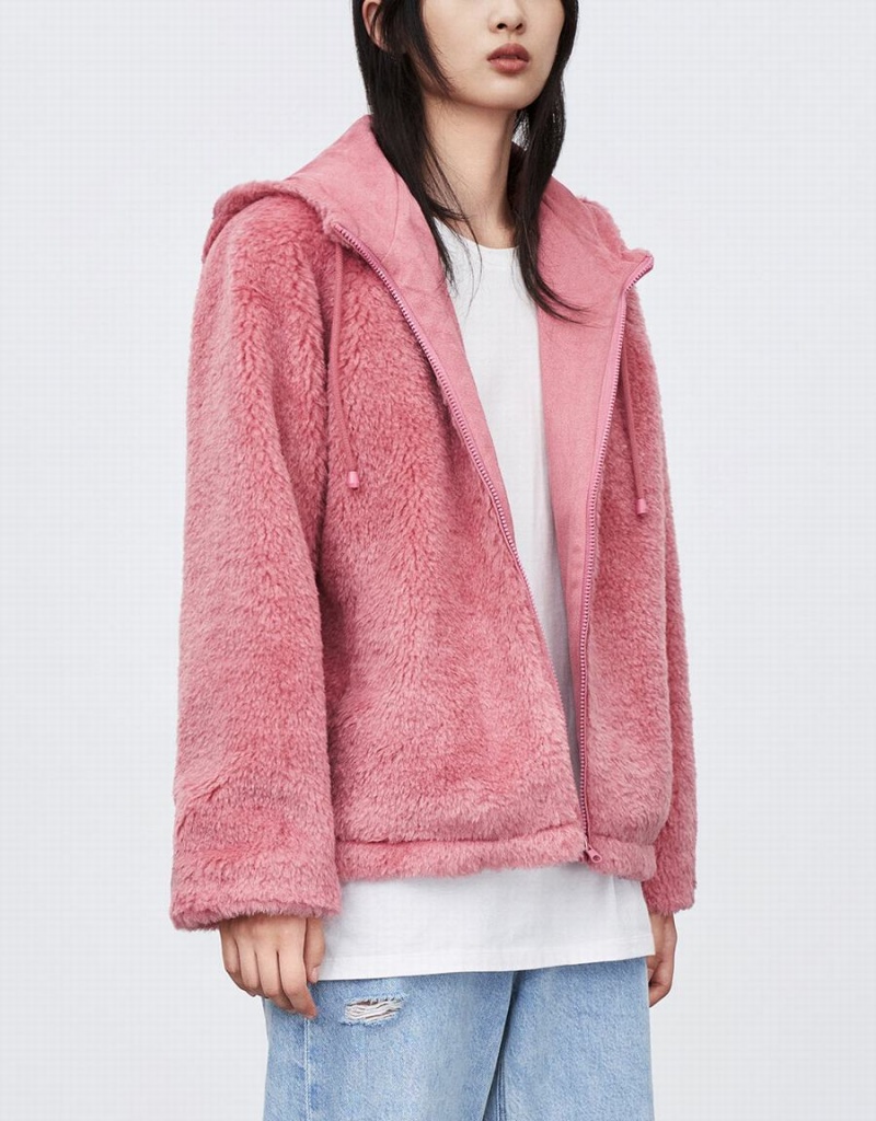 Urban Revivo Raglan Sleeve Zipper Front Furry Women's Jackets Pink | HHN345QE