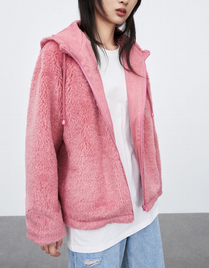 Urban Revivo Raglan Sleeve Zipper Front Furry Women's Jackets Pink | HHN345QE