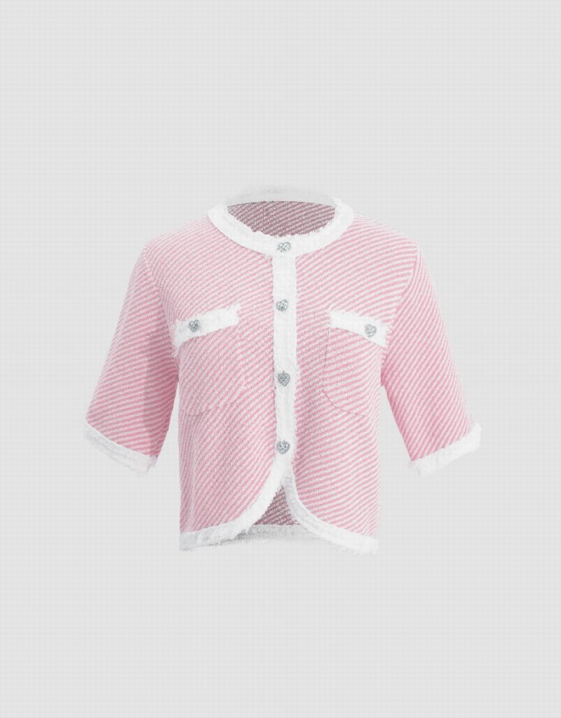 Urban Revivo Raw Hem Crew Neck Knitted Women's Cardigan Pink | NME4978JH