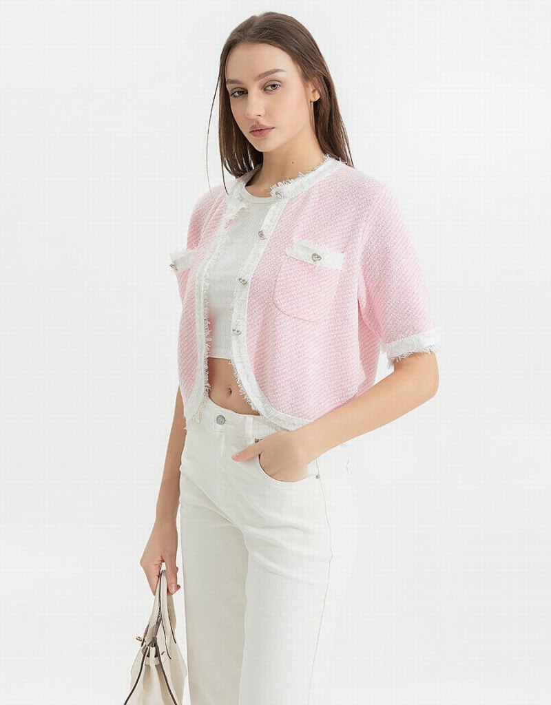 Urban Revivo Raw Hem Crew Neck Knitted Women's Cardigan Pink | NME4978JH