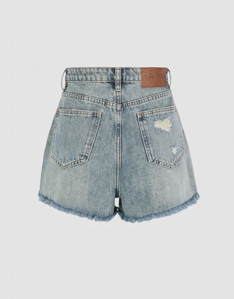 Urban Revivo Raw Hem Denim Women's Shorts Blue | EKD7514VX