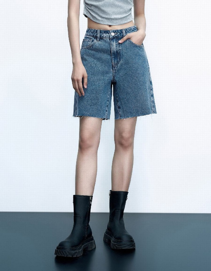 Urban Revivo Raw Hem Denim Women's Shorts Blue | ERE2450SV