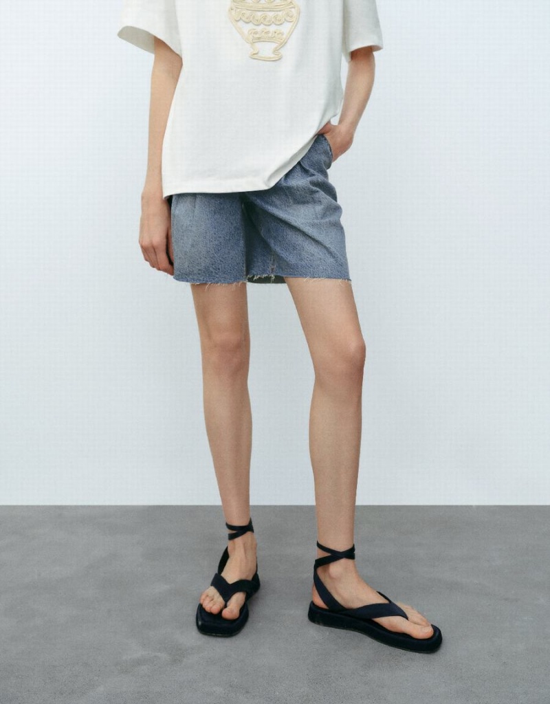 Urban Revivo Raw Hem Denim Women's Shorts Blue | XCN122YG