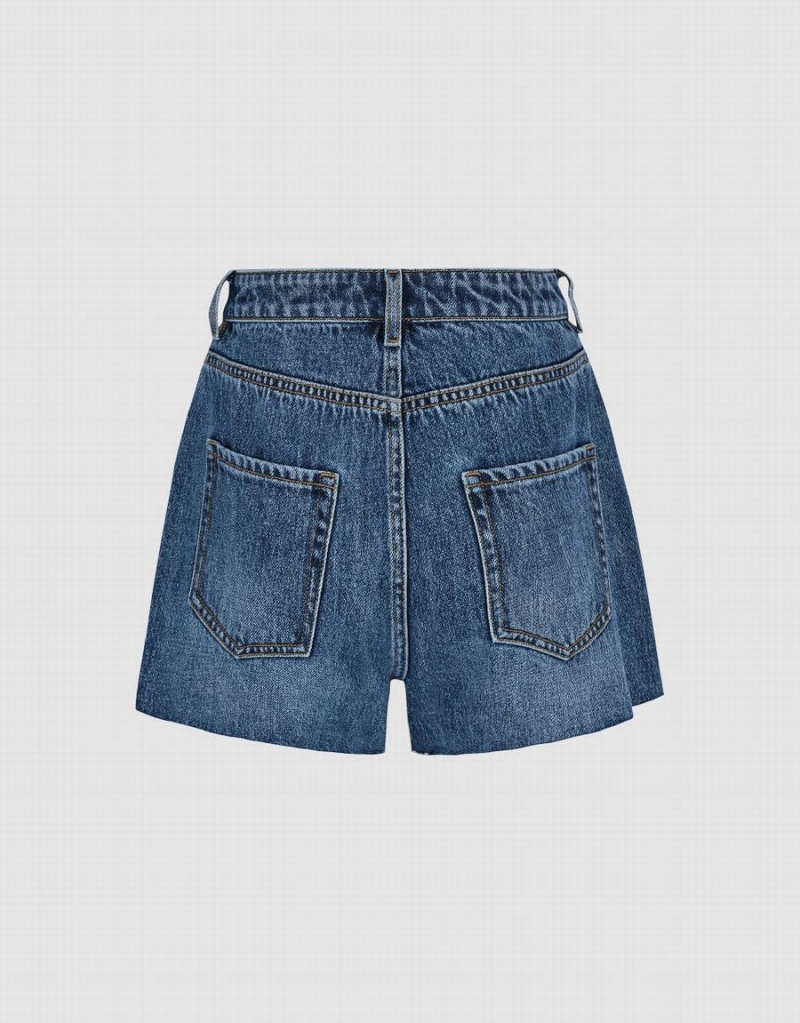 Urban Revivo Raw Hem Denim Women's Shorts Blue | OPE9026BY