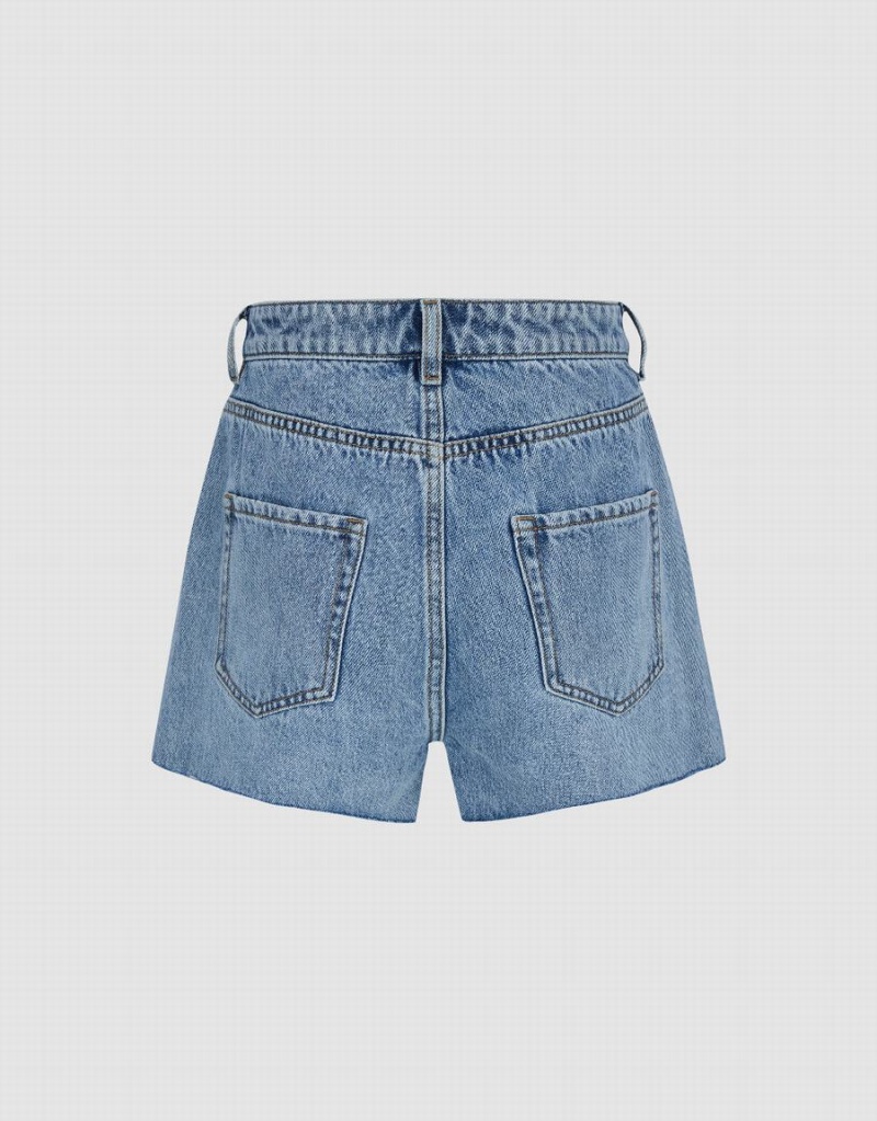 Urban Revivo Raw Hem Denim Women's Shorts Blue | IWO7484IJ