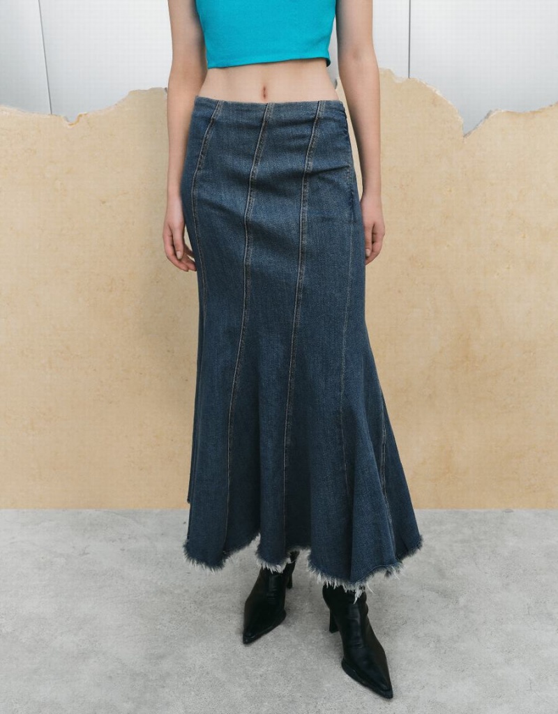 Urban Revivo Raw Hem Fishtail Denim Women's Skirts Blue | KXP6445OO