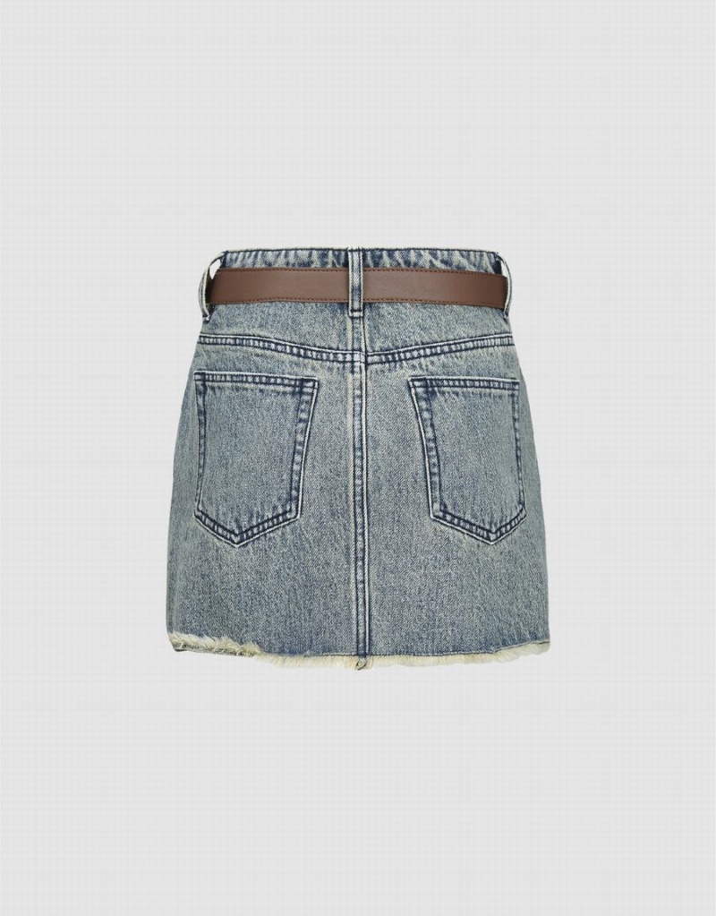 Urban Revivo Raw Hem Mini Denim Women's Skirts Blue | ZPI9992TU