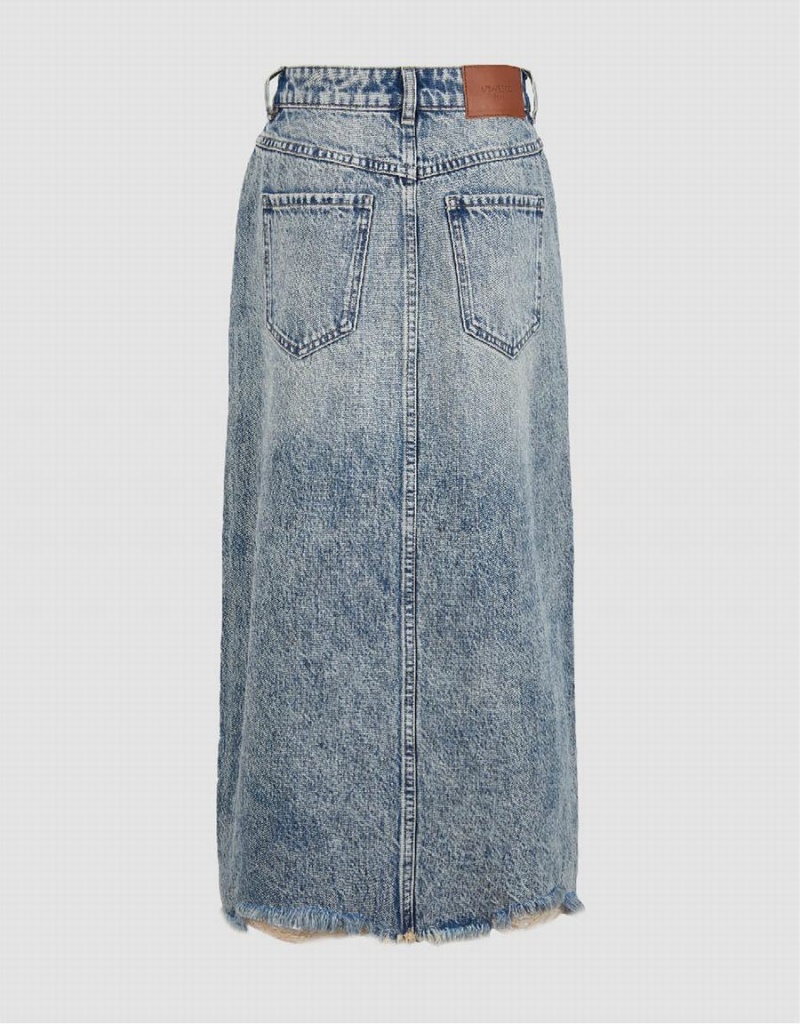 Urban Revivo Raw Hem Split A-Line Denim Women's Skirts Blue | RJP4716OO