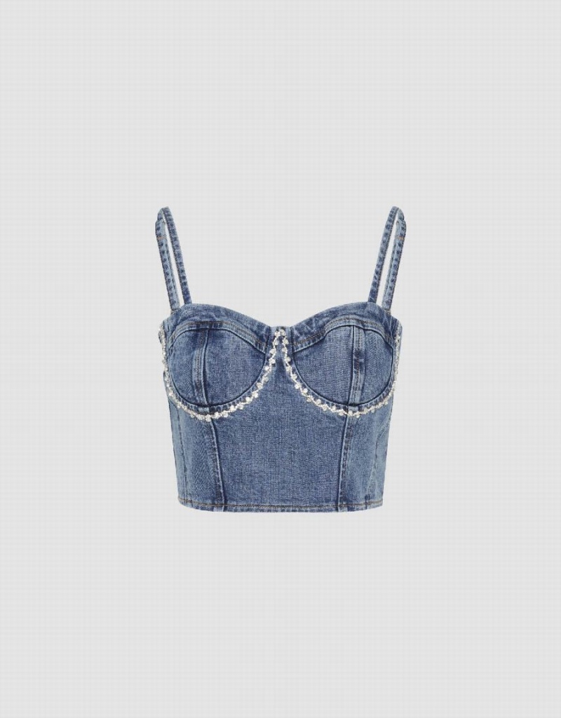 Urban Revivo Rhinestone Decor Off-Shoulder Denim Cami Top Women's Shirts Blue | TTS9290VA