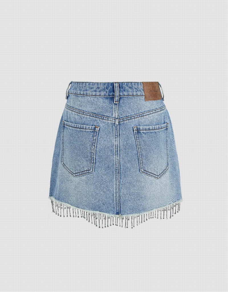 Urban Revivo Rhinestone Hem Mini Straight Denim Women's Skirts Blue | KIP2755GO