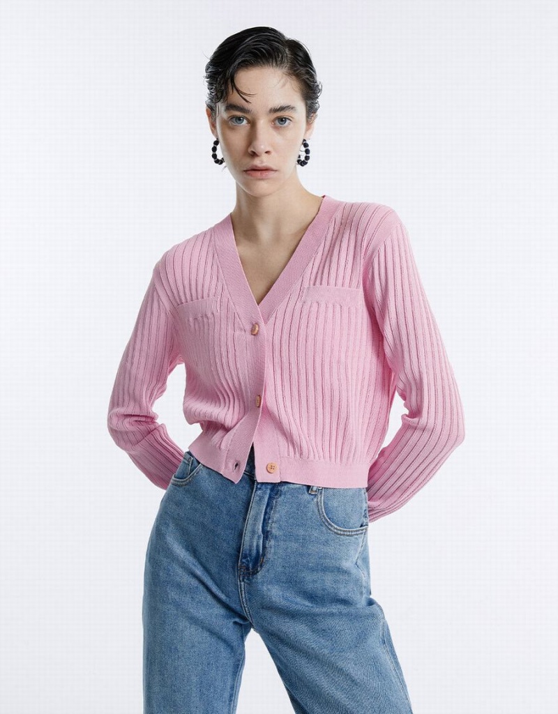 Urban Revivo Rib Knit Cropped Women's Cardigan Pink | JPG6891QR