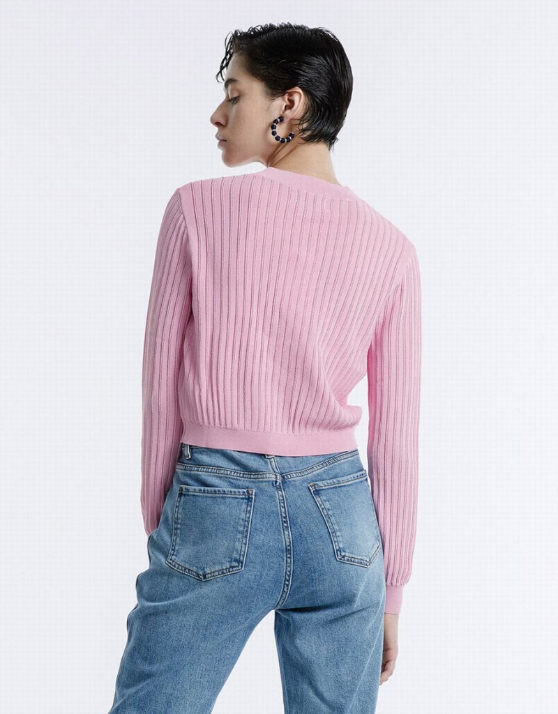 Urban Revivo Rib Knit Cropped Women's Cardigan Pink | JPG6891QR