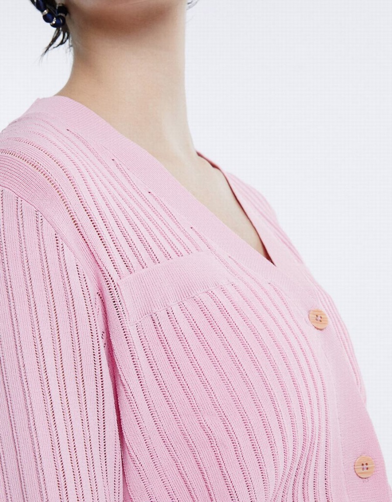 Urban Revivo Rib Knit Cropped Women's Cardigan Pink | JPG6891QR