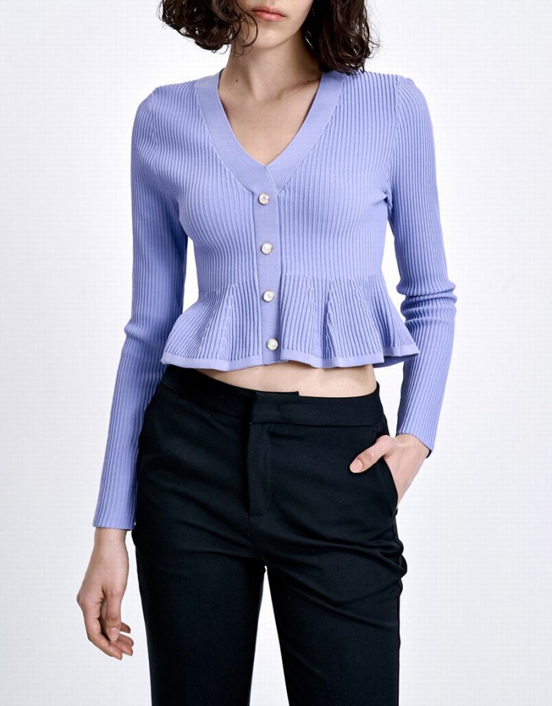 Urban Revivo Ribbed Knit Button Front Knitted Top Women's Cardigan Blue | WNY5917FN