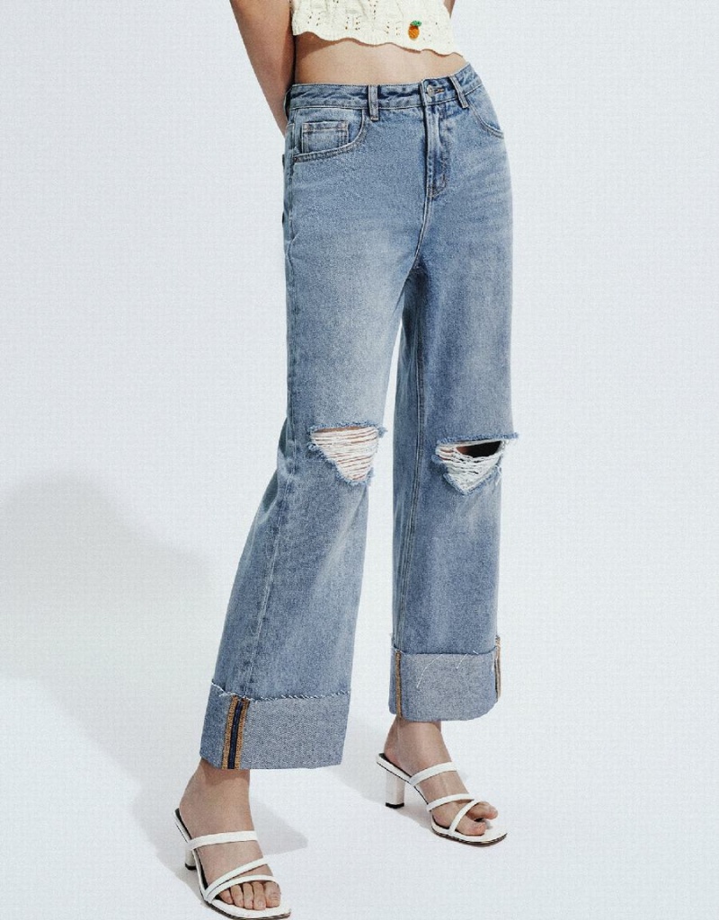 Urban Revivo Ripped Straight Women's Jeans Blue | QCQ8599LA