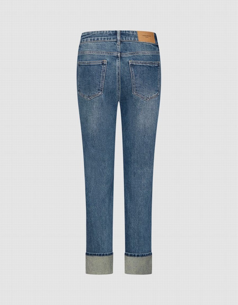 Urban Revivo Rolled Up Hem Straight Women's Jeans Blue | TUH375OC