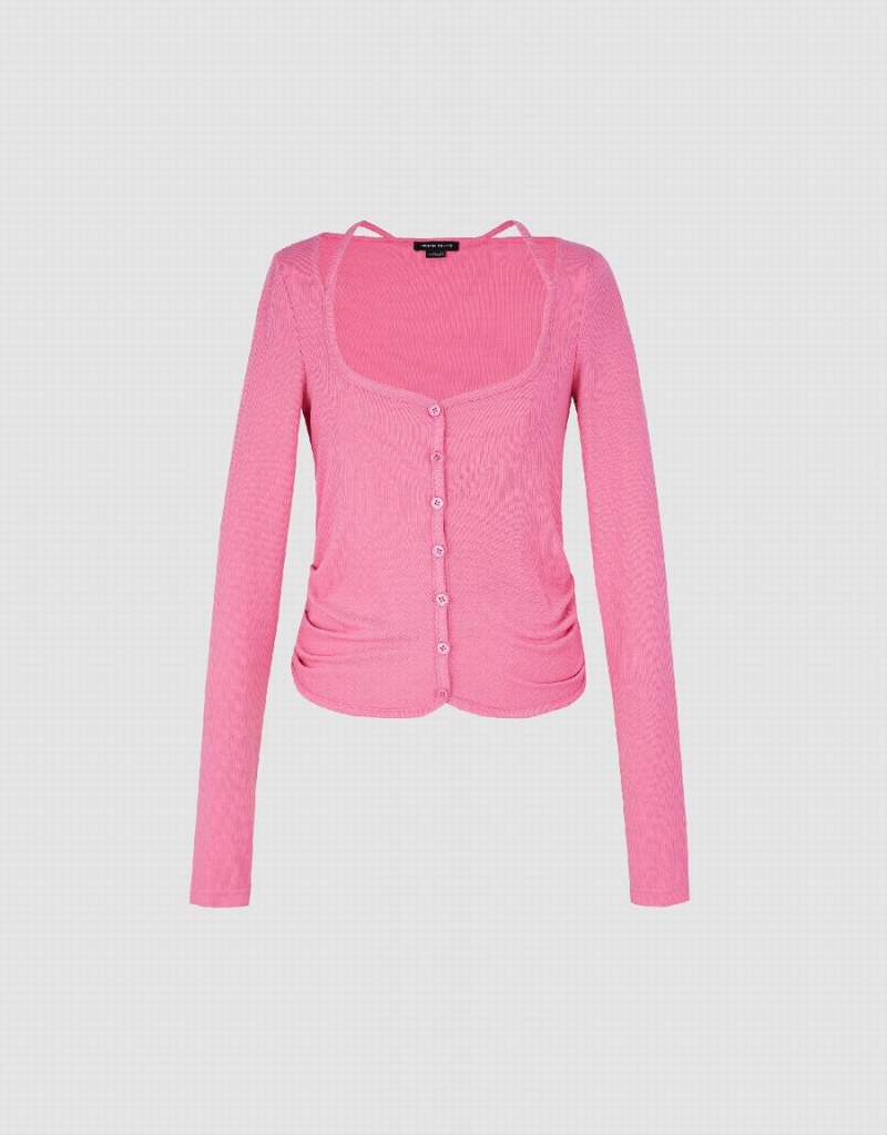 Urban Revivo Ruched Crew Neck Knitted Top Women's Shirts Pink | HUB373KE