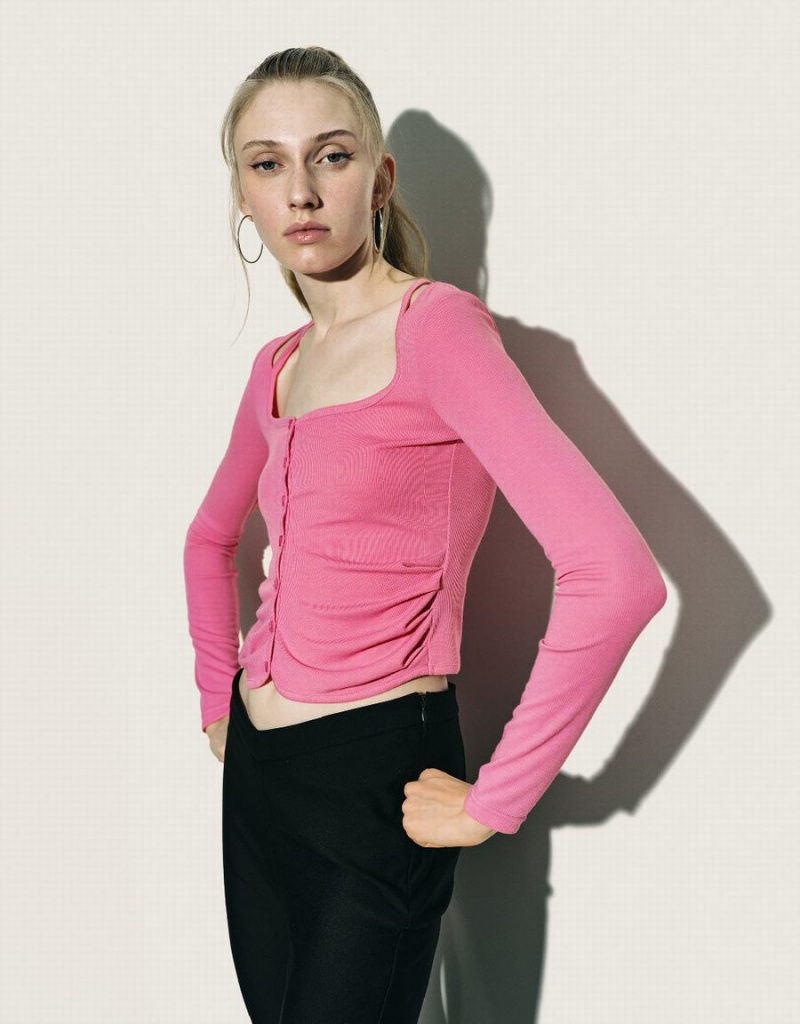 Urban Revivo Ruched Crew Neck Knitted Top Women's Shirts Pink | HUB373KE