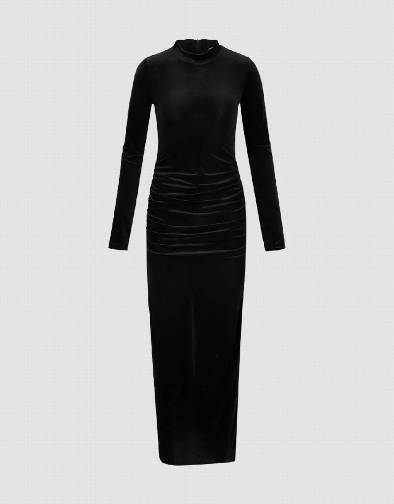 Urban Revivo Ruched Crew Neck Skinny Women's Dress Black | WOH2011KP