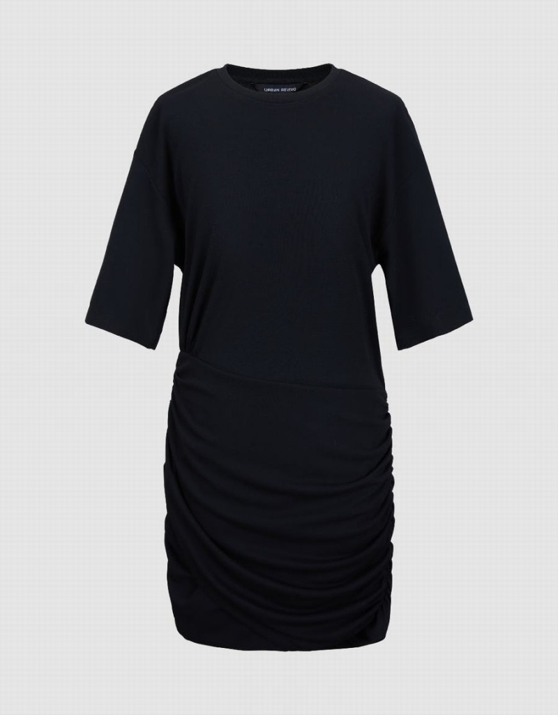 Urban Revivo Ruched Crew Neck Skinny Women's Dress Black | DRD166PA