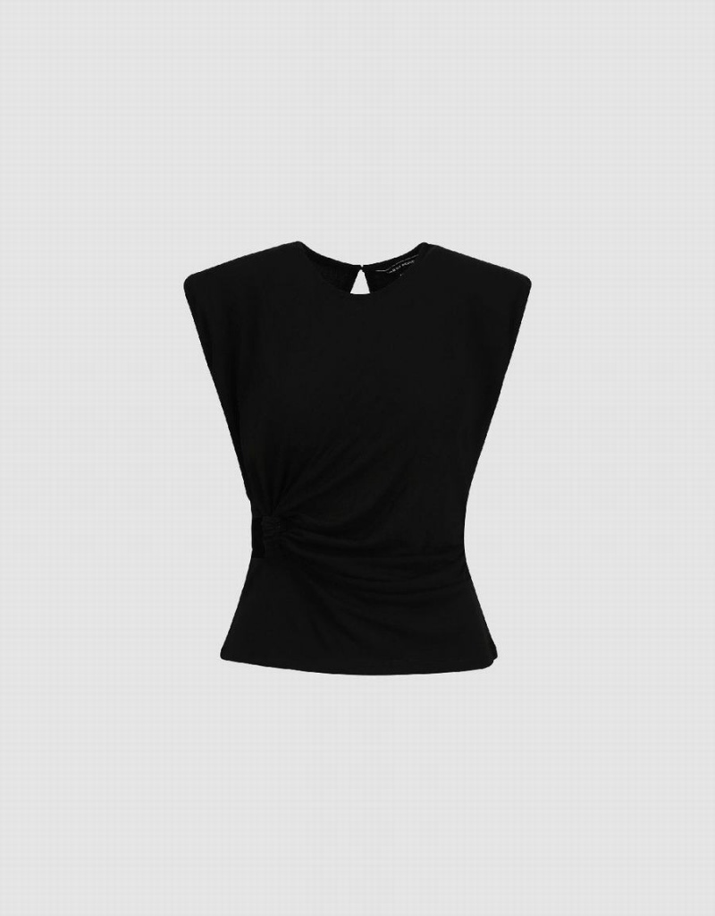 Urban Revivo Ruched Crew Neck Women's T Shirts Black | HQG7913ZJ