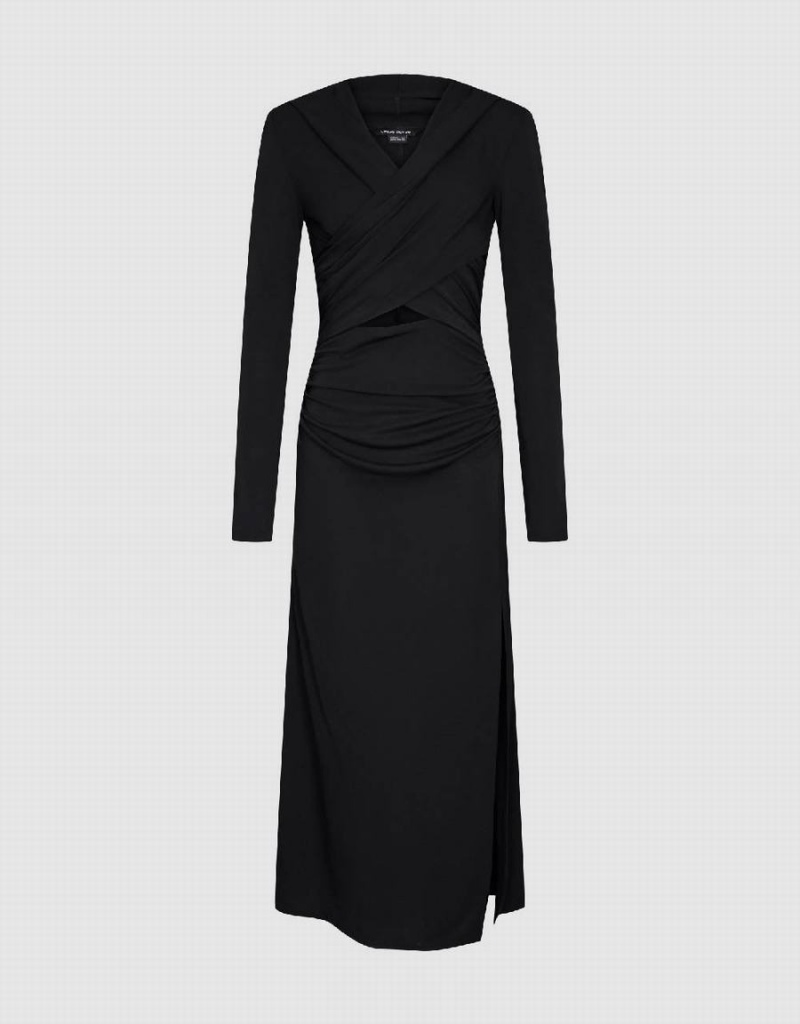 Urban Revivo Ruched Cut-Out Knitted Straight Women's Dress Black | FNB5871KR