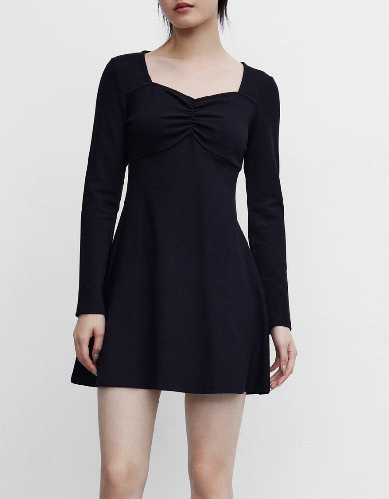 Urban Revivo Ruched Front Skater Women's Dress Black | GWN2977RL