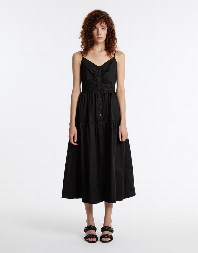 Urban Revivo Ruched Neckline Tiered Women's Dress Black | UUV3830XK