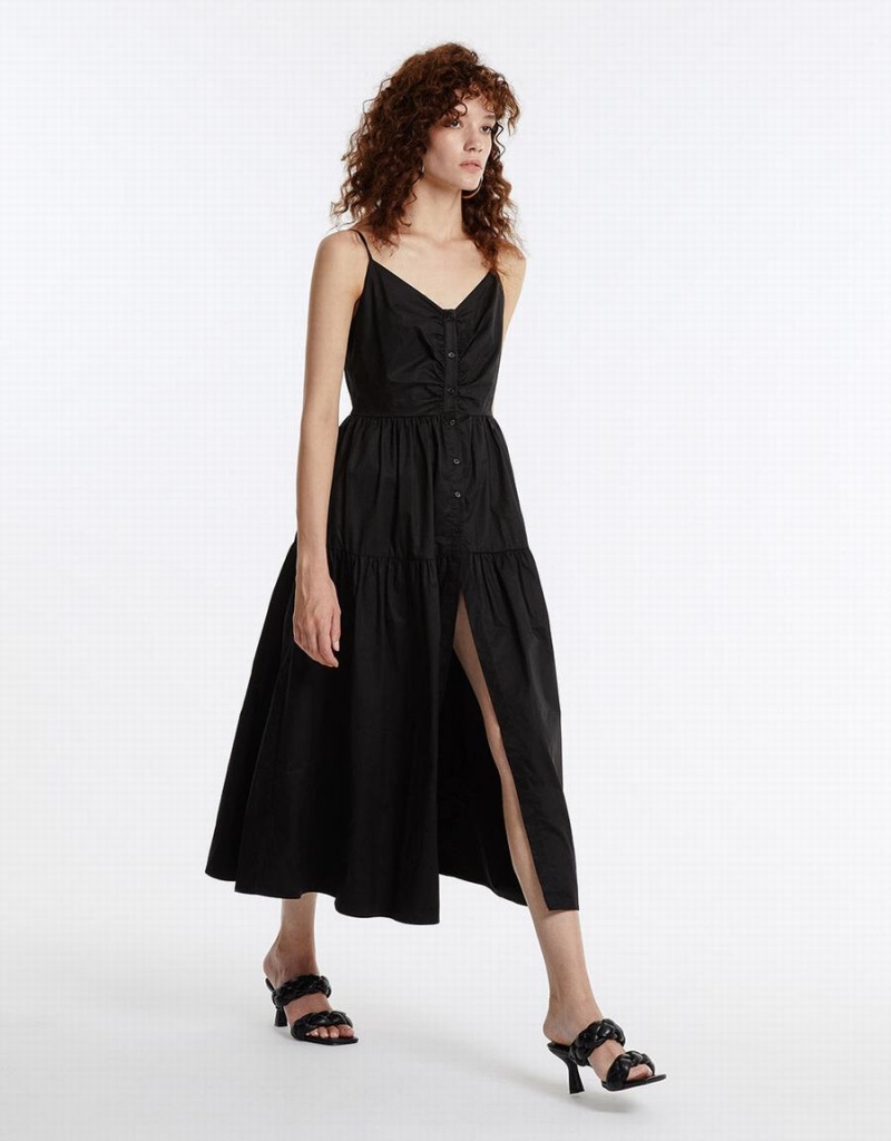 Urban Revivo Ruched Neckline Tiered Women's Dress Black | UUV3830XK