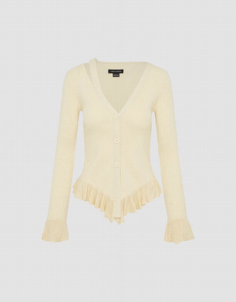 Urban Revivo Ruffle Hem V-Neck Knitted Women's Cardigan Beige | SCZ4415FA