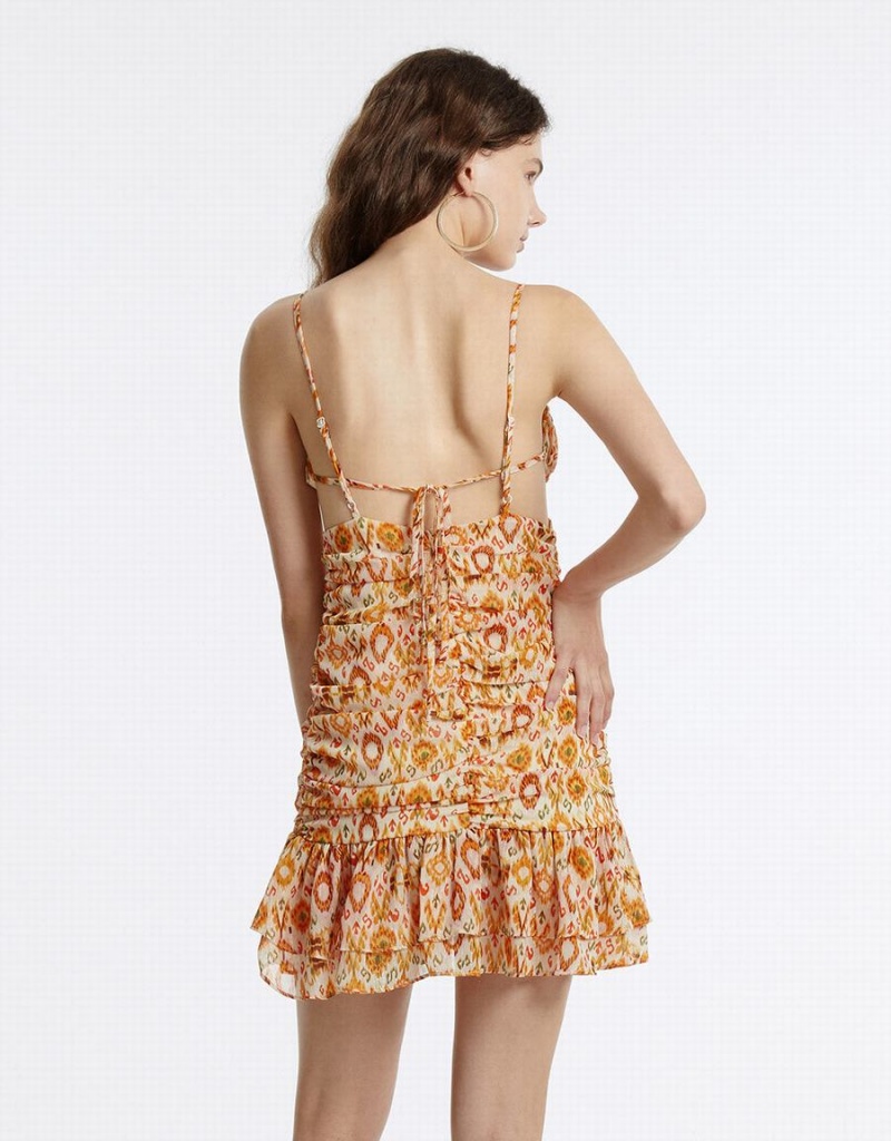 Urban Revivo Ruffled Chiffon Printed Women's Dress Orange | FWS83100OH