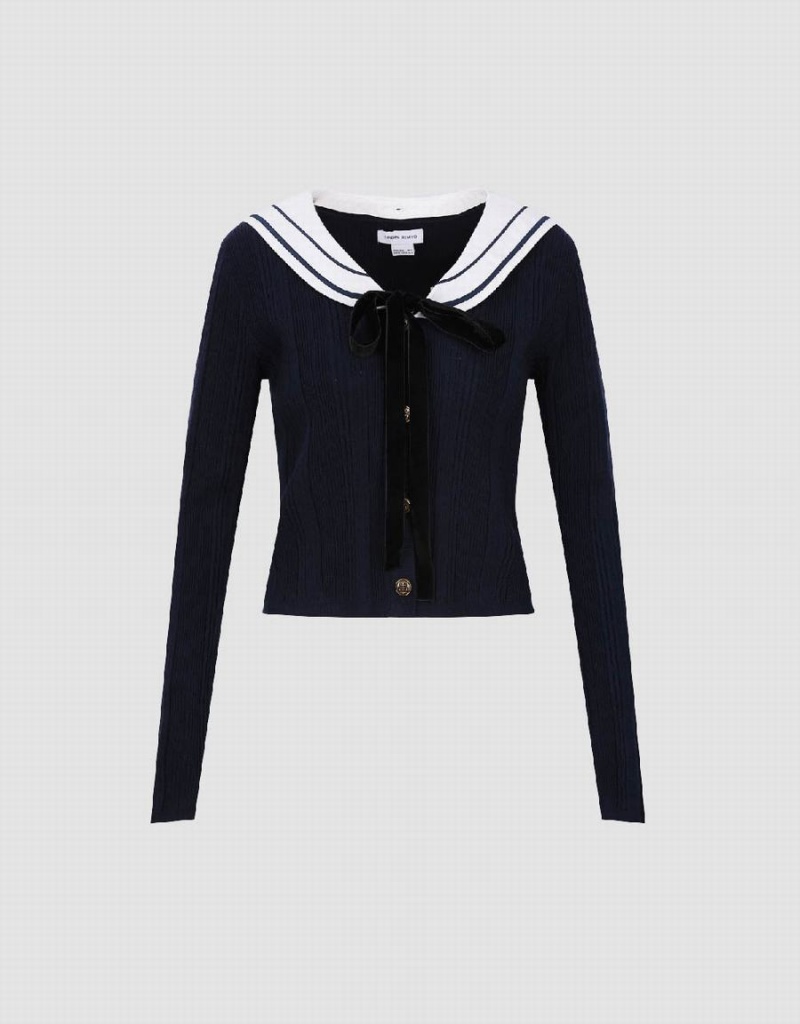 Urban Revivo Sailor Collar Neck Knitted Women's Cardigan Blue | EDG2440EN