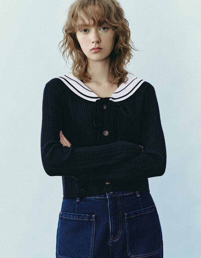 Urban Revivo Sailor Collar Neck Knitted Women\'s Cardigan Blue | EDG2440EN