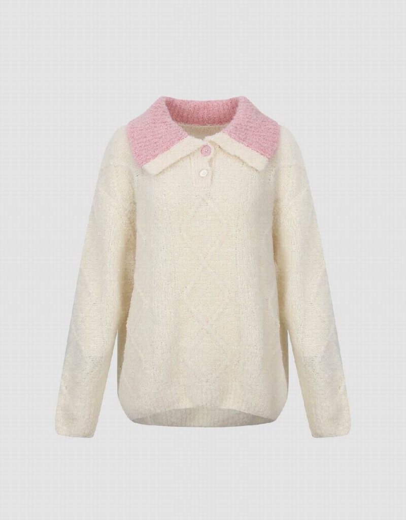 Urban Revivo Sailor Collar Neck Knitted Women's Cardigan Pink White | ZXQ990JM