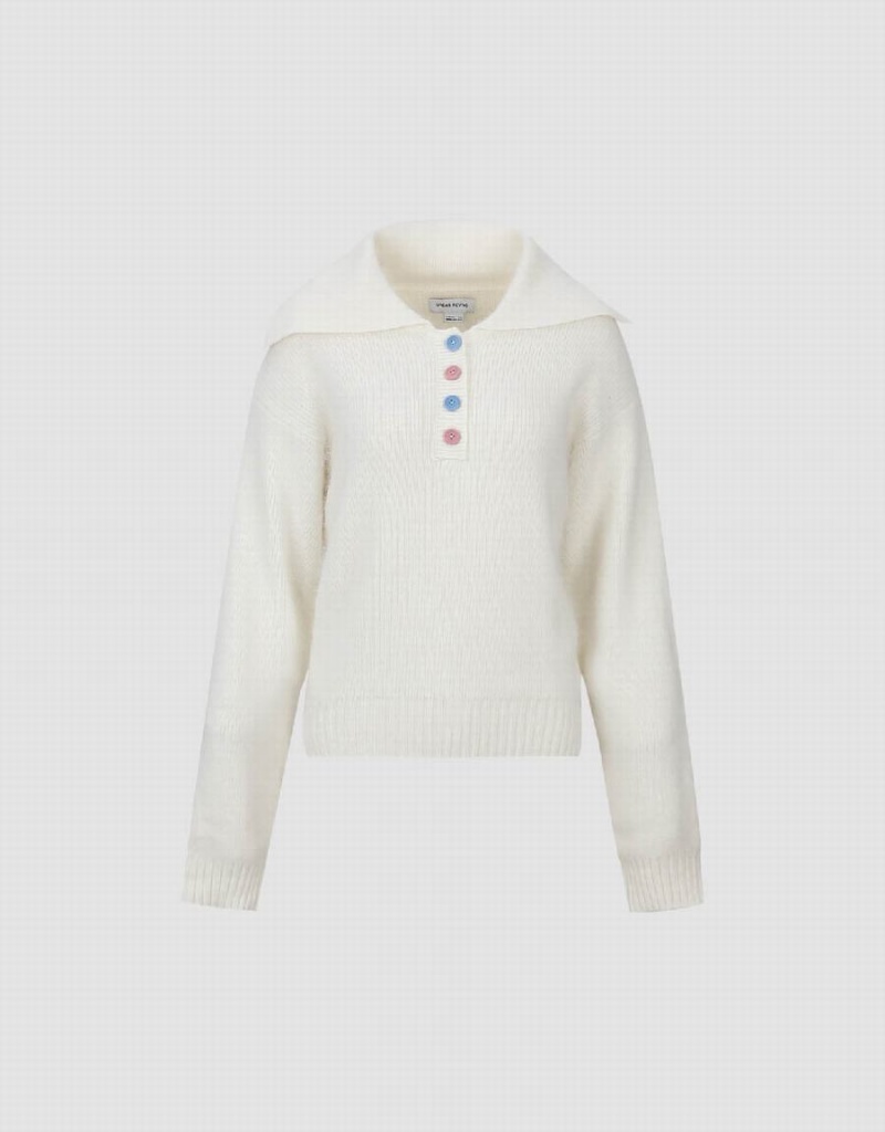 Urban Revivo Sailor Collar Neck Knitted Women's Cardigan White | PRR973YZ