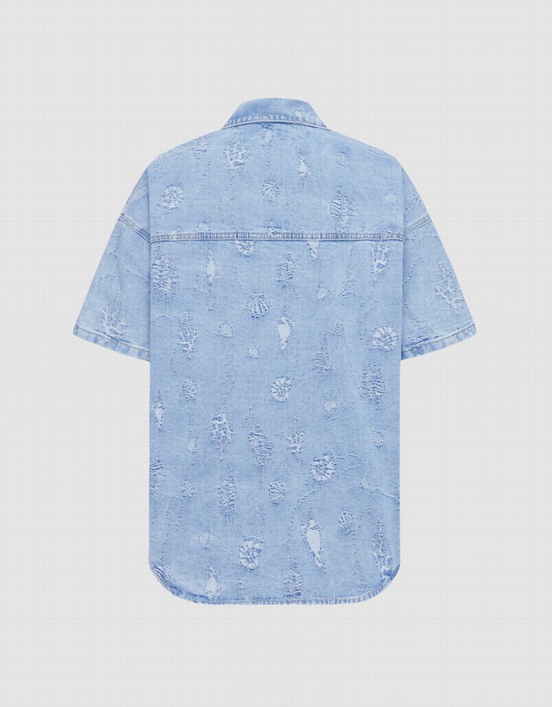 Urban Revivo Seashell Patched Pocket Denim Women's Shirts Blue | HJT131DA