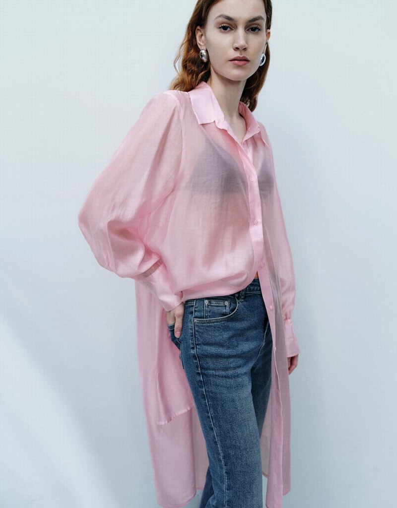 Urban Revivo Sheer Long Straight Women's Shirts Pink | ERT3178OB