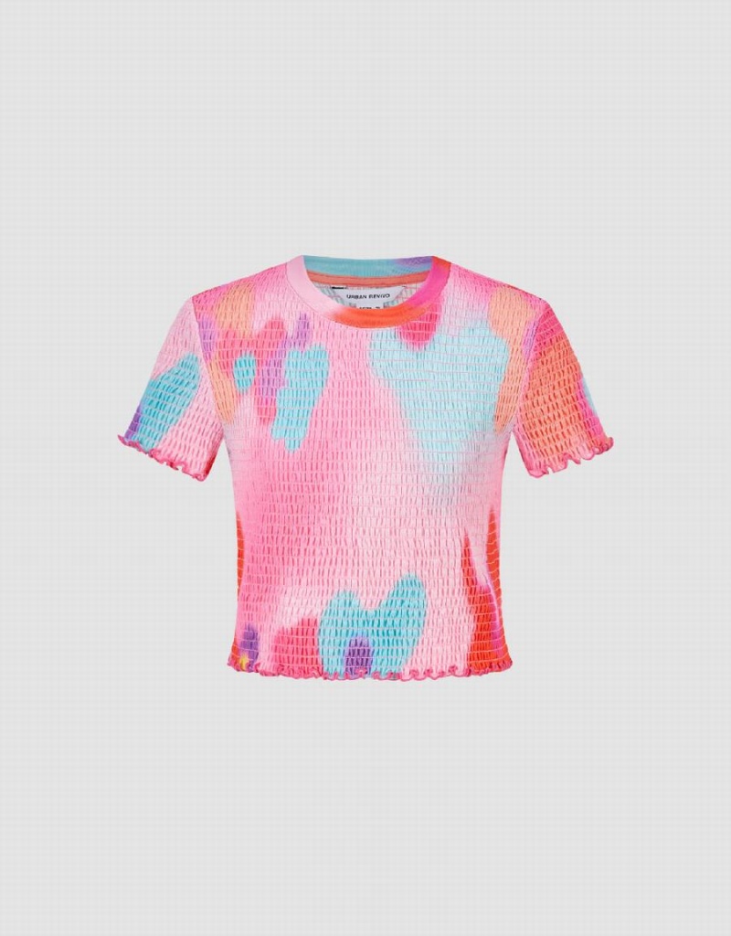 Urban Revivo Shirred Crew Neck Skinny Women's T Shirts Pink Multicolor | UNT598PT