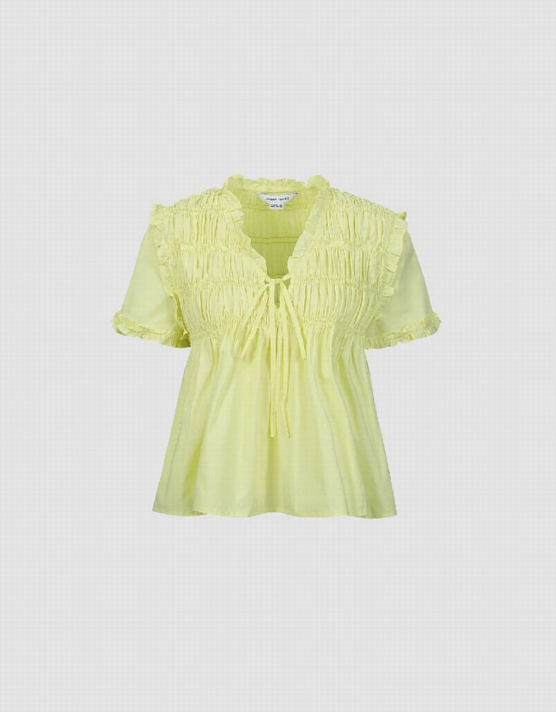 Urban Revivo Shirred Puff Sleeve Overhead Women's Blouse Green | QKH7347TL