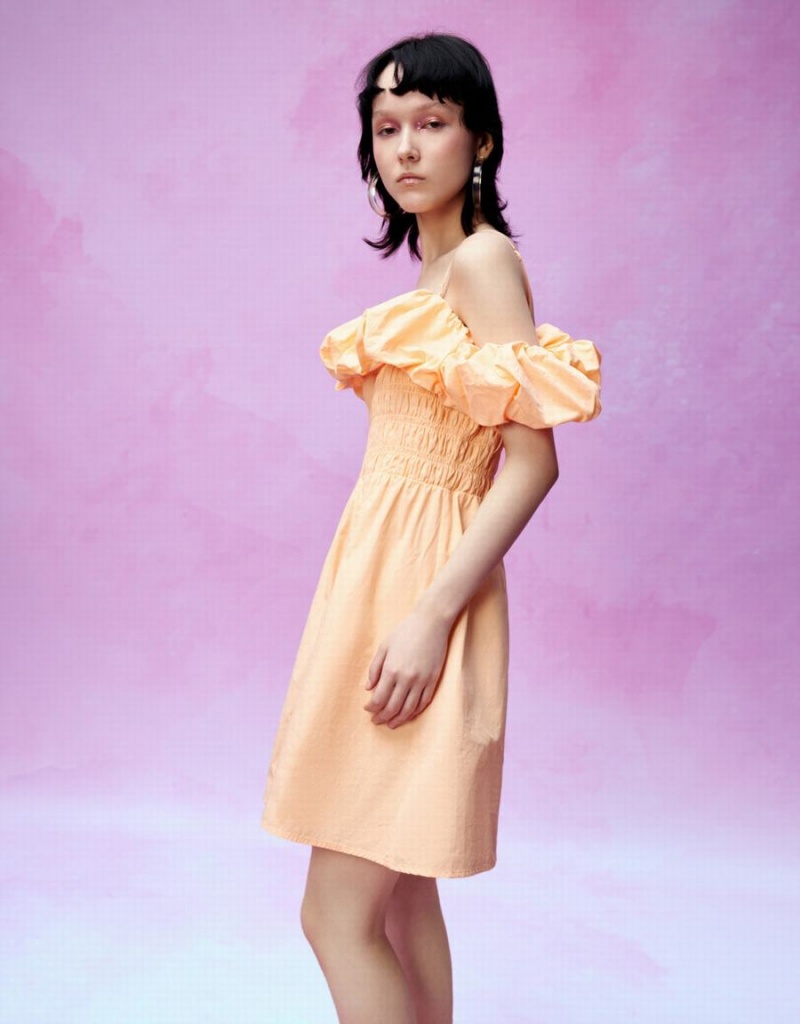 Urban Revivo Shirred Ruffle Skater Women's Dress Light Orange | HEI239BQ