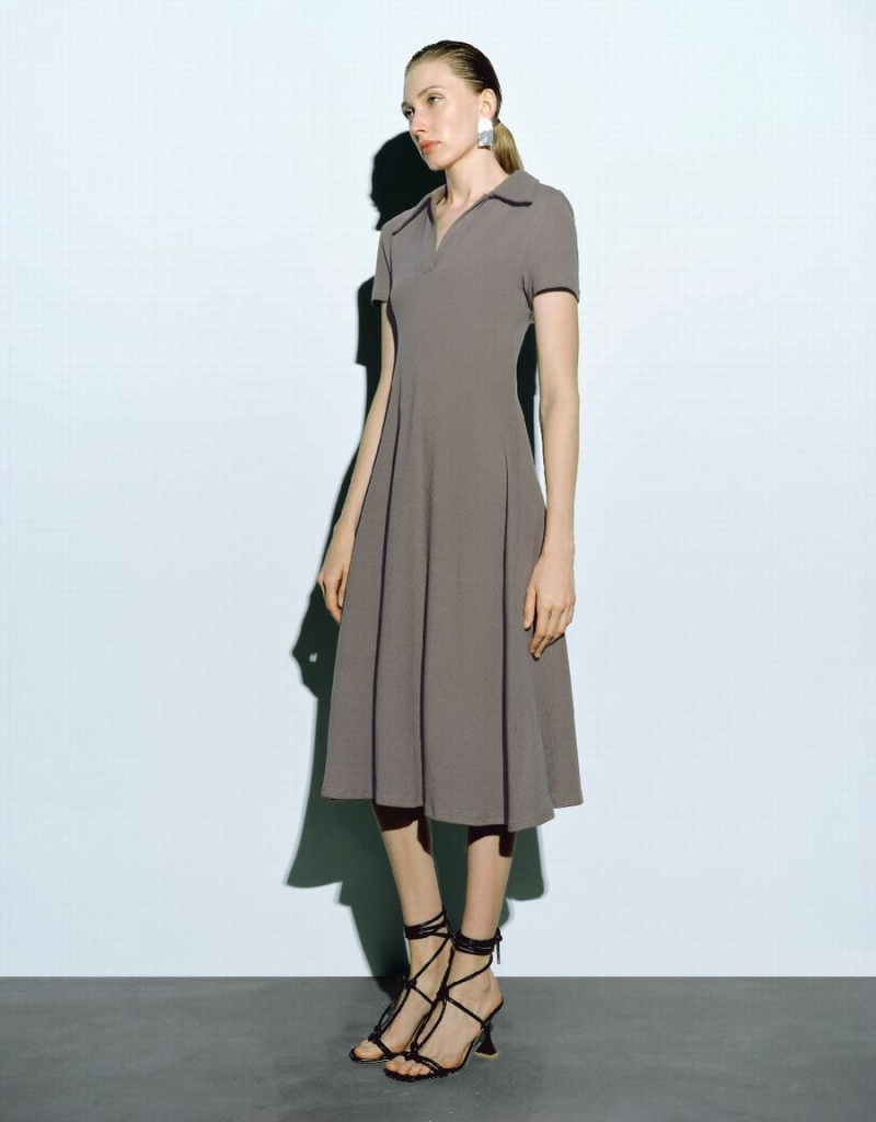 Urban Revivo Skinny Lapel Skater Women's Dress Khaki Grey | ZQH9011TQ