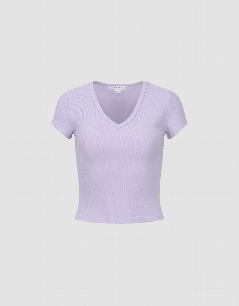 Urban Revivo Skinny V-Neck Knitted Women\'s T Shirts Purple | YXQ5648QX