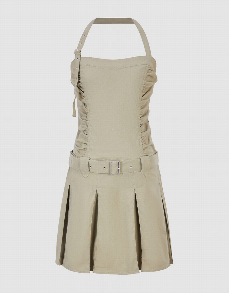 Urban Revivo Sleeveless A-Line With Belt Women's Dress Khaki | MZX9955ZX